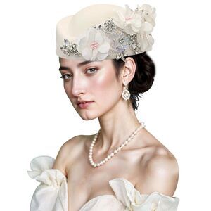 4539 British Retro Felt Hat Women Rhinestone Floral Church Derby Hat Classic